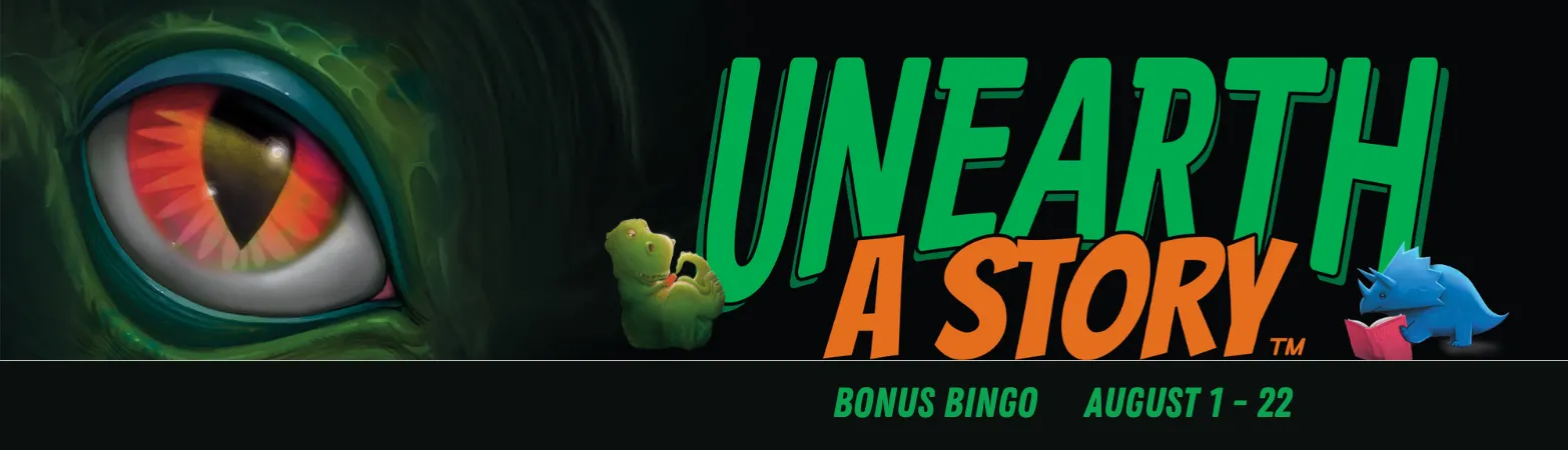 Image of dinosaurs announcing bonus bingo, August 1-22.